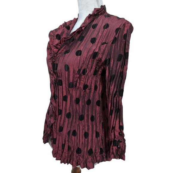 Piano Crinkle Button Up Shirt Womens M Burgundy Black Polkadot Party Whimsical - Picture 2 of 9